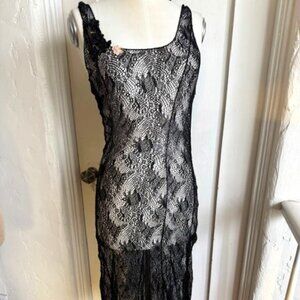 Sexy Anna Molinari Black Lace Dress with Silk Flower Appliques